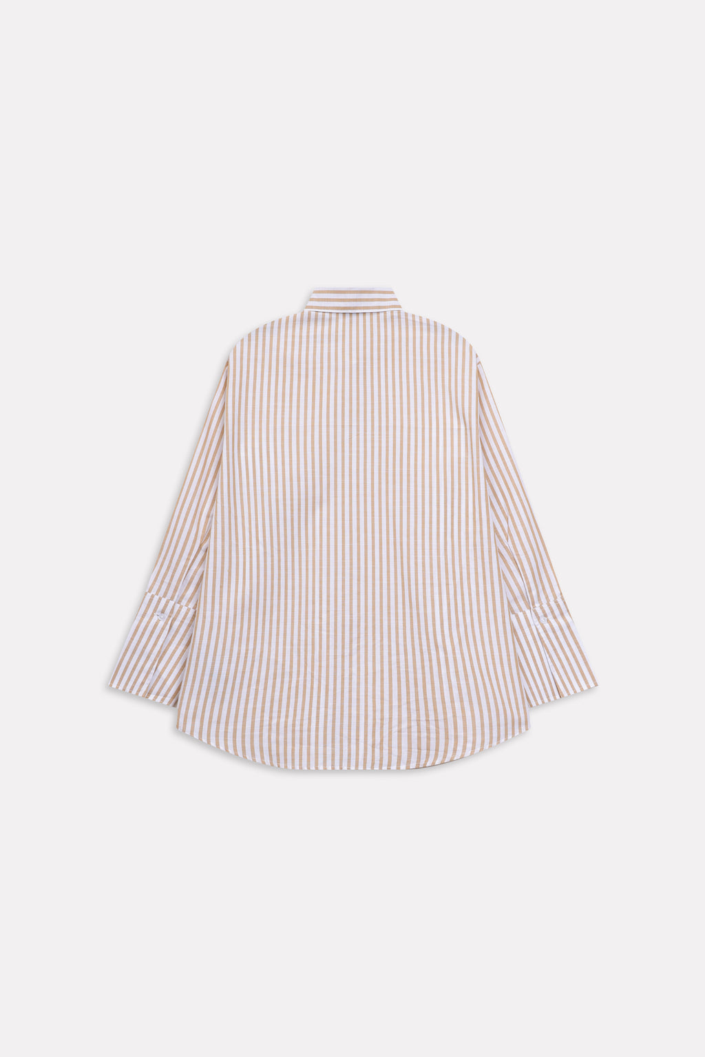Flat lay of the beige & white stripe button-up stripe shirt, by SOLA Pakistan.