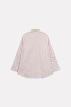 Flat lay of the beige & white stripe button-up stripe shirt, by SOLA Pakistan.