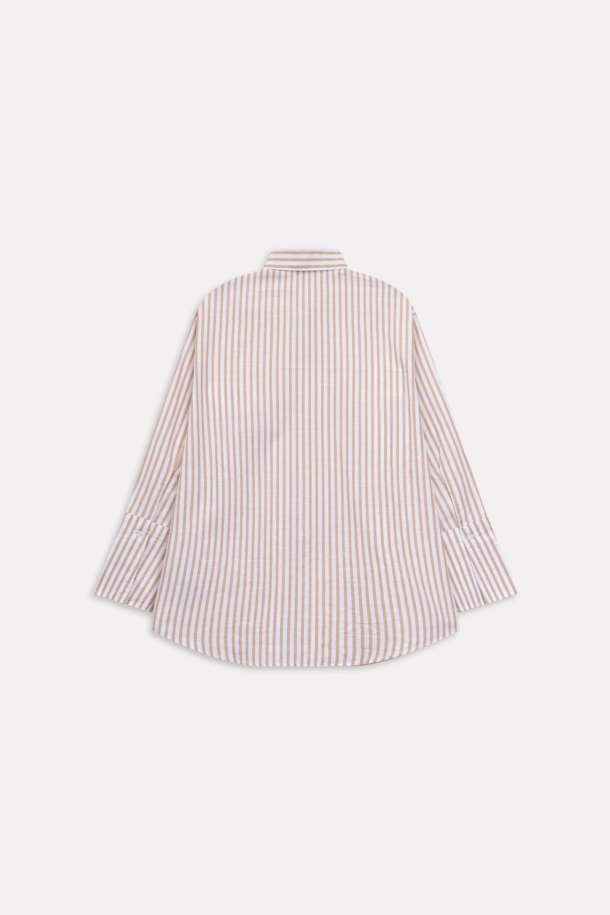 Flat lay of the beige & white stripe button-up stripe shirt, by SOLA Pakistan.