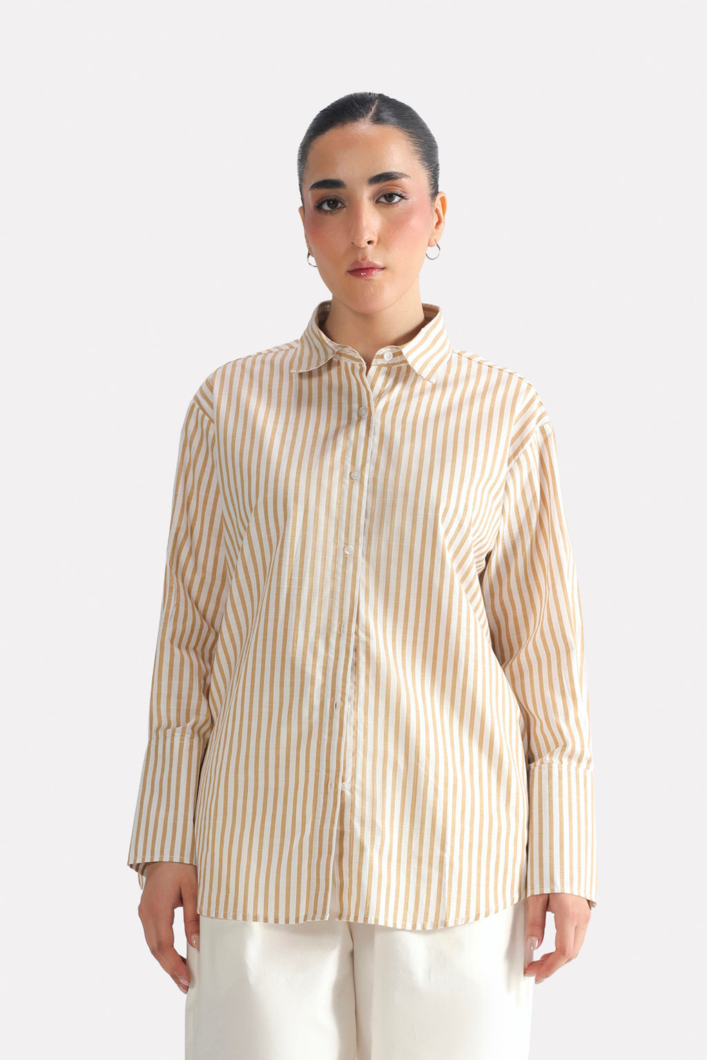 Beige & white stripe button-up stripe shirt, full styled look, by SOLA Pakistan.