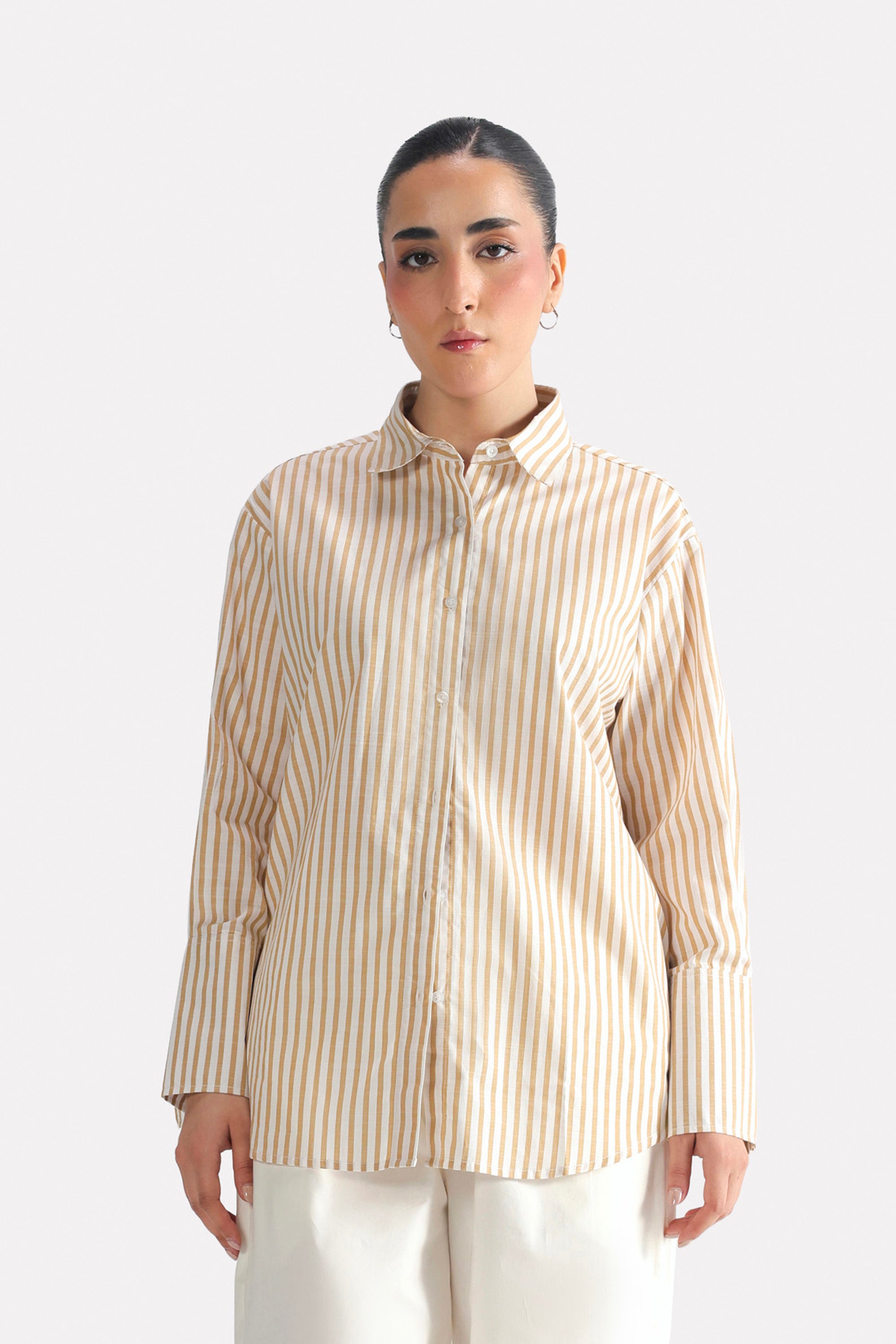 Beige & white stripe button-up stripe shirt, full styled look, by SOLA Pakistan.