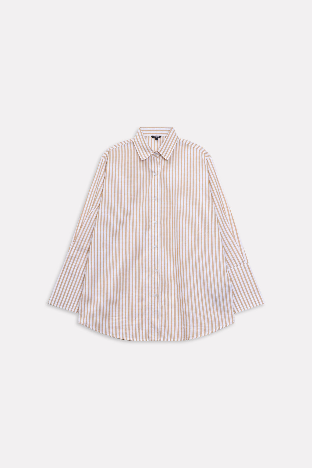 Beige & white stripe button-up stripe shirt shown in a styled fit, by SOLA Pakistan.