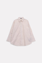 Beige & white stripe button-up stripe shirt shown in a styled fit, by SOLA Pakistan.