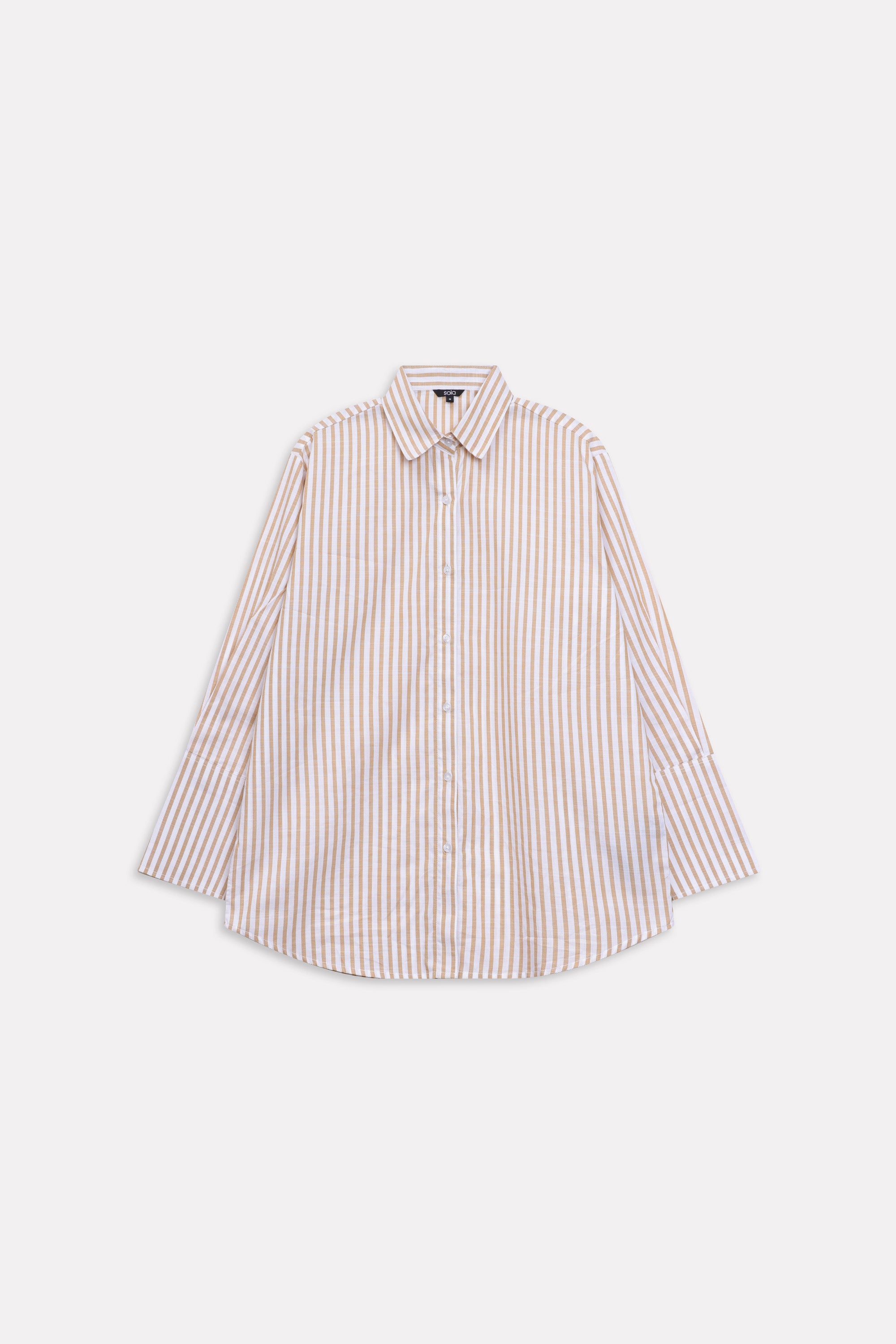 Beige & white stripe button-up stripe shirt shown in a styled fit, by SOLA Pakistan.