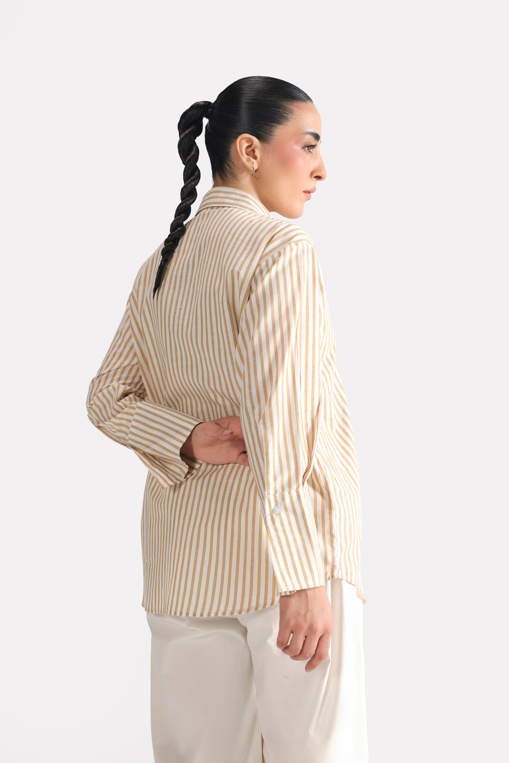 Texture and fabric detail, beige & white stripe button-up stripe shirt, by SOLA Pakistan.