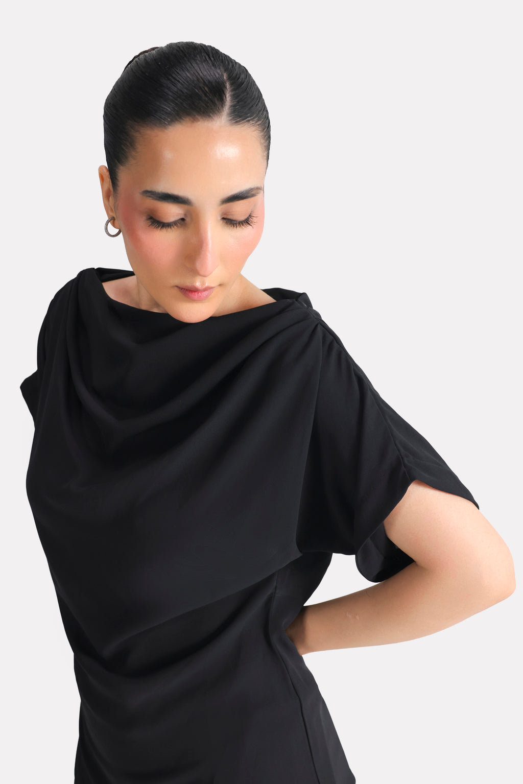 Black batwing sleeve top, full styled look, by SOLA Pakistan.