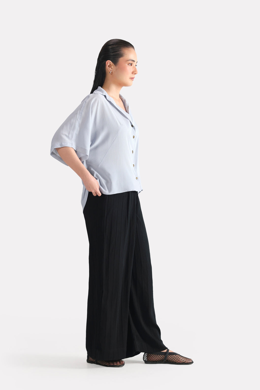 Black bubble georgette trouser, alternate angle, by SOLA Pakistan.