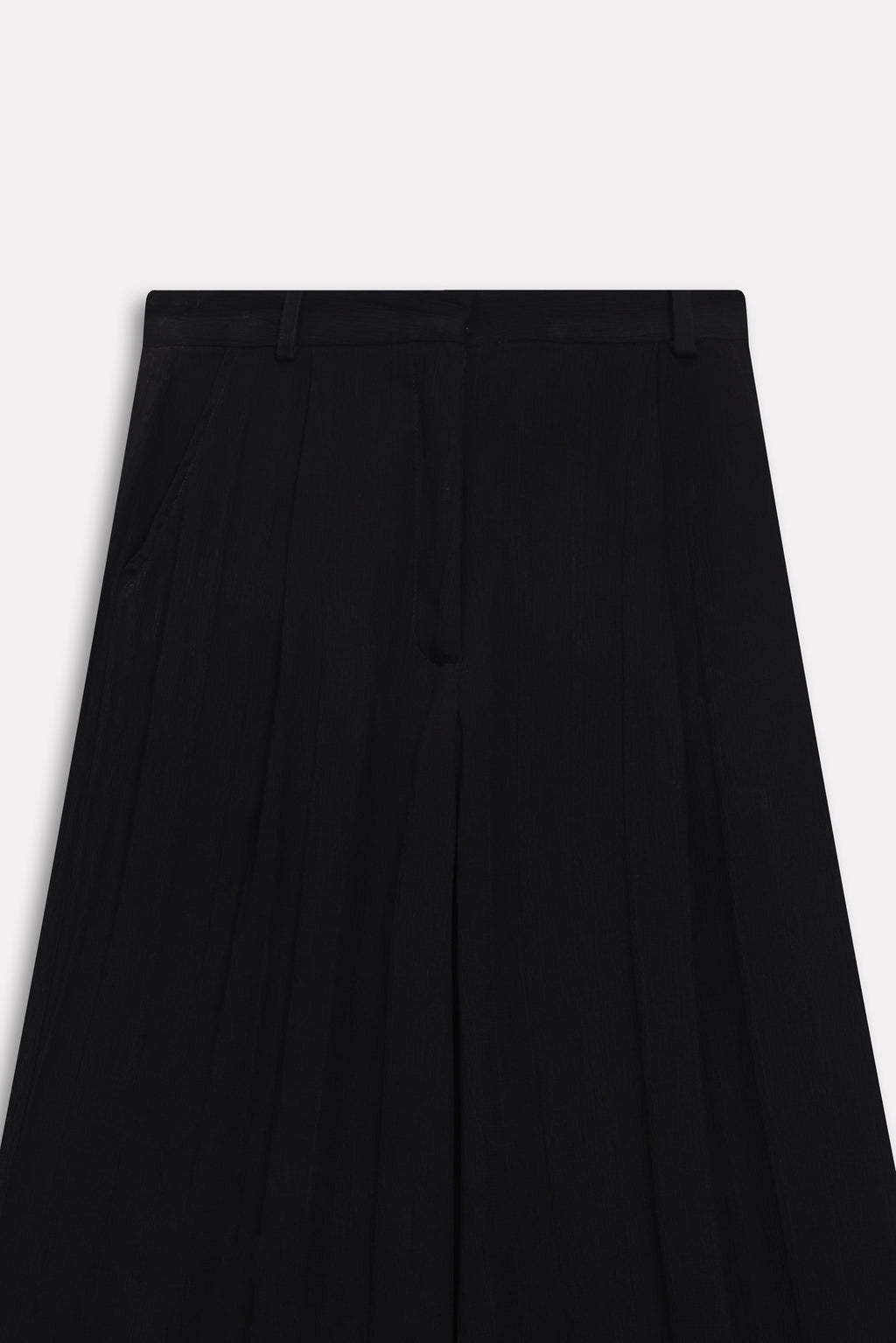 Flat lay of the black bubble georgette trouser, by SOLA Pakistan.