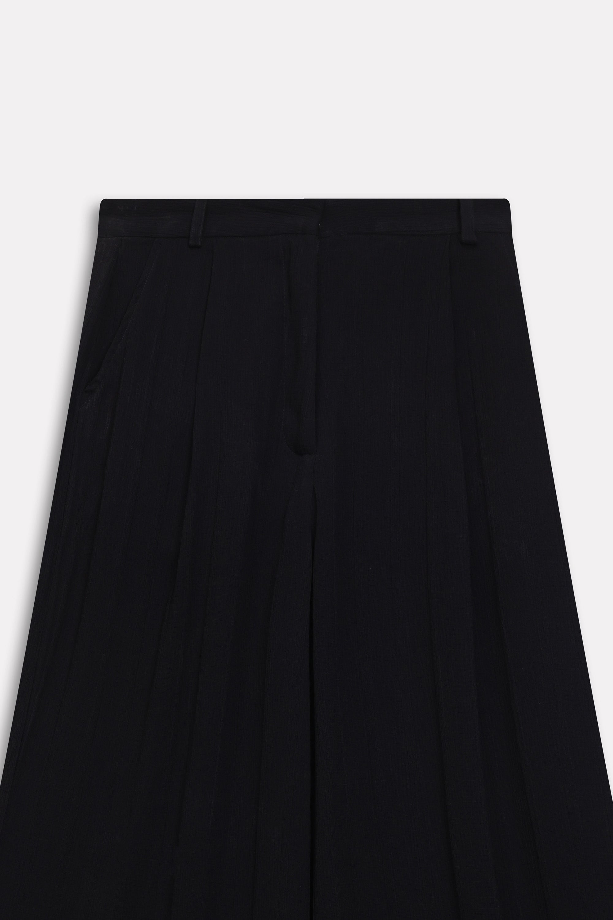 Flat lay of the black bubble georgette trouser, by SOLA Pakistan.