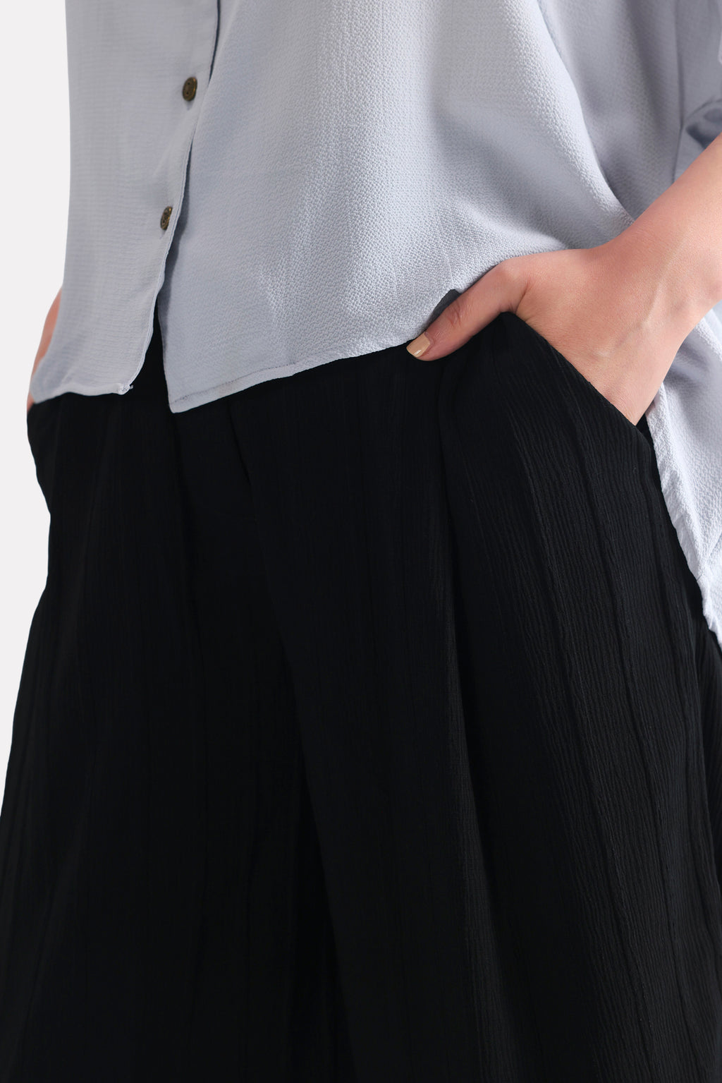 Texture and fabric detail, black bubble georgette trouser, by SOLA Pakistan.