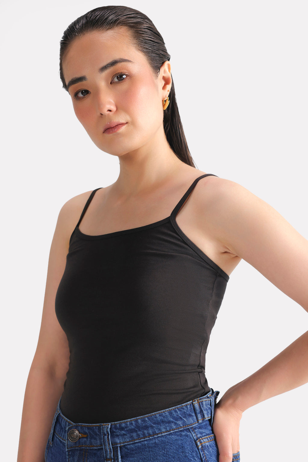 Black camisole, full styled look, by SOLA Pakistan.