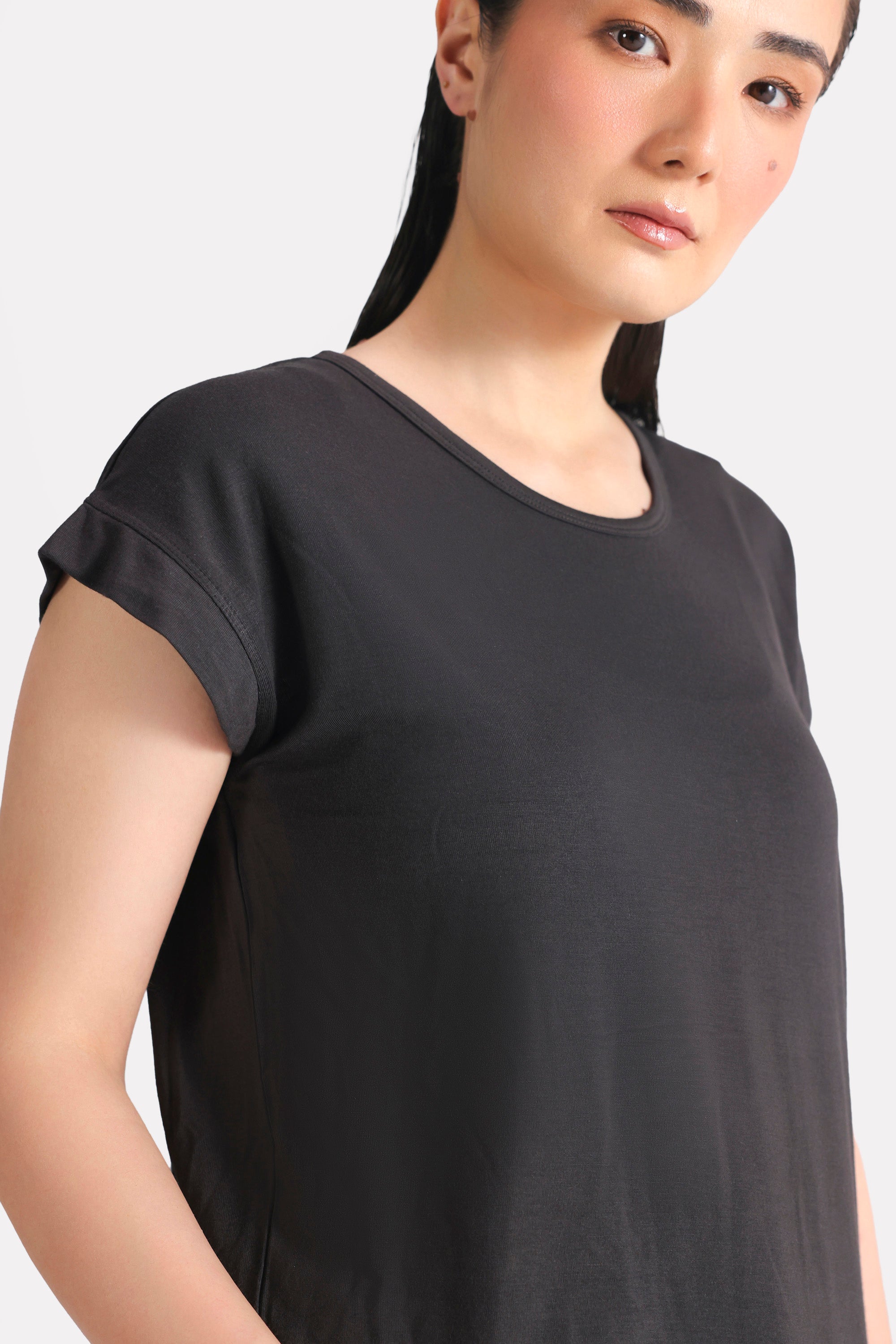 Texture and fabric detail, black featherweight modal t-shirt, by SOLA Pakistan.