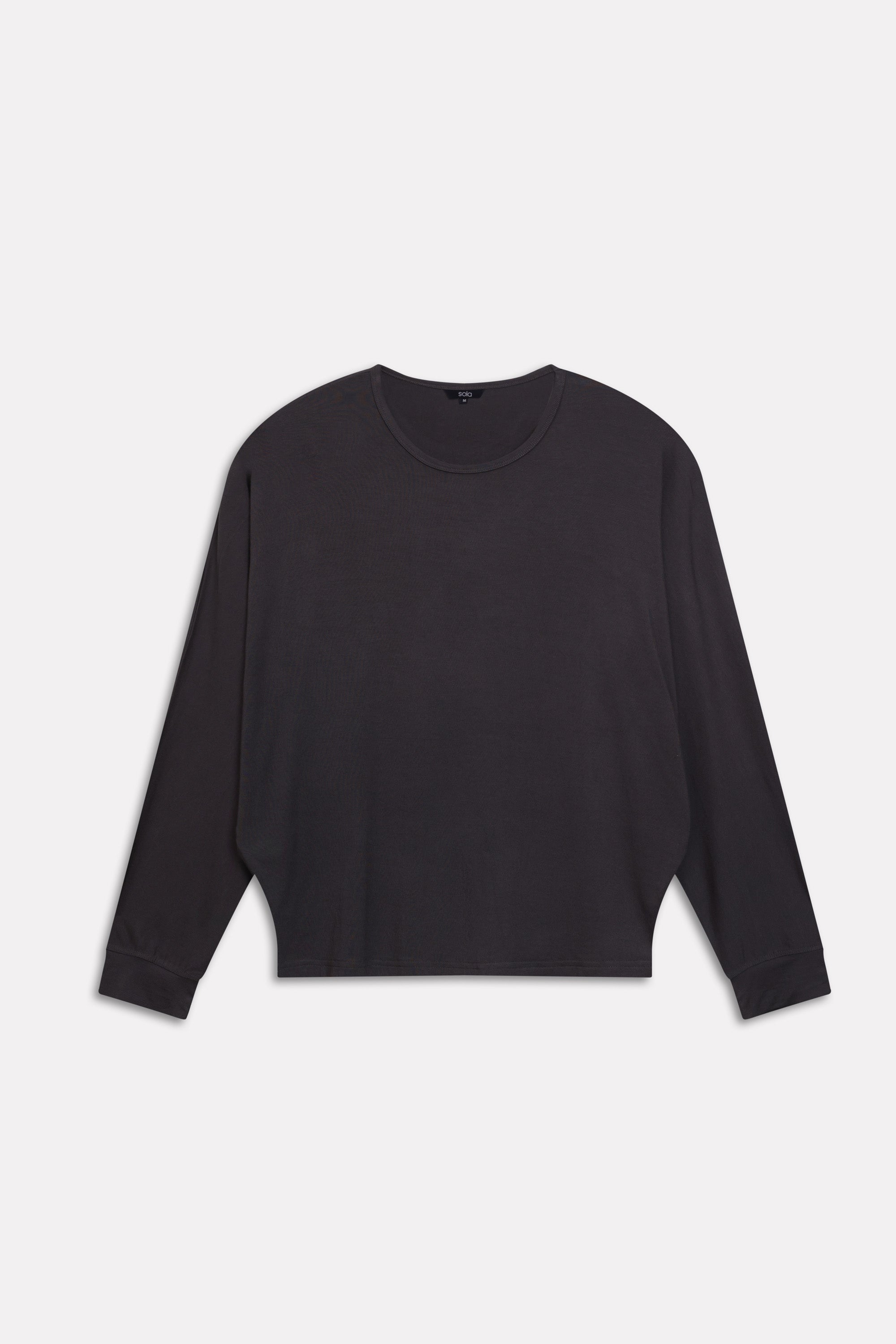 Black fluid sleeve t-shirt, alternate angle, by SOLA Pakistan.