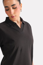 Texture and fabric detail, black jhonny collar polo t-shirt, by SOLA Pakistan.