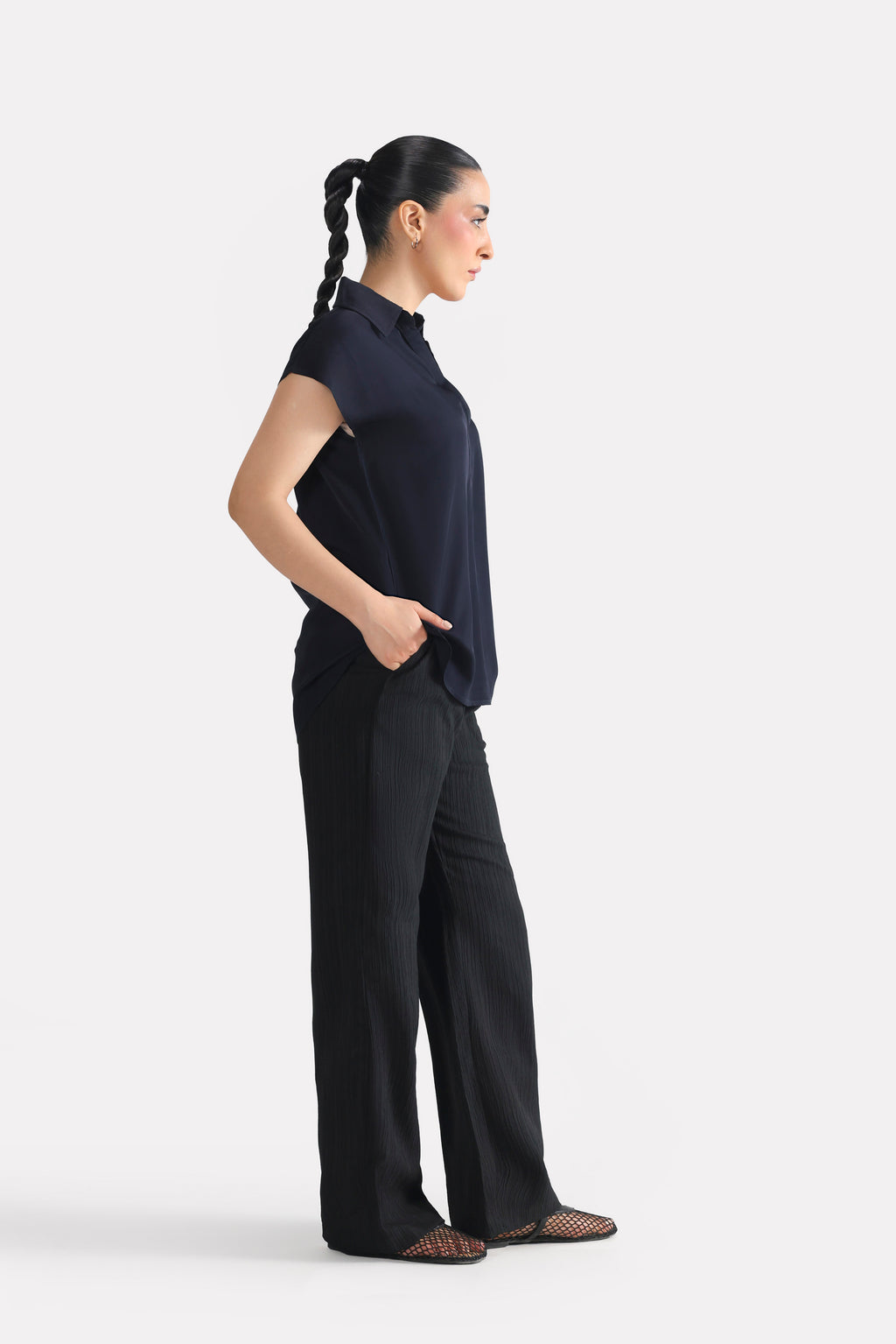 Black retro wide-leg trouser, alternate angle, by SOLA Pakistan.