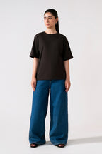 Black round neck t-shirt, full styled look, by SOLA Pakistan.