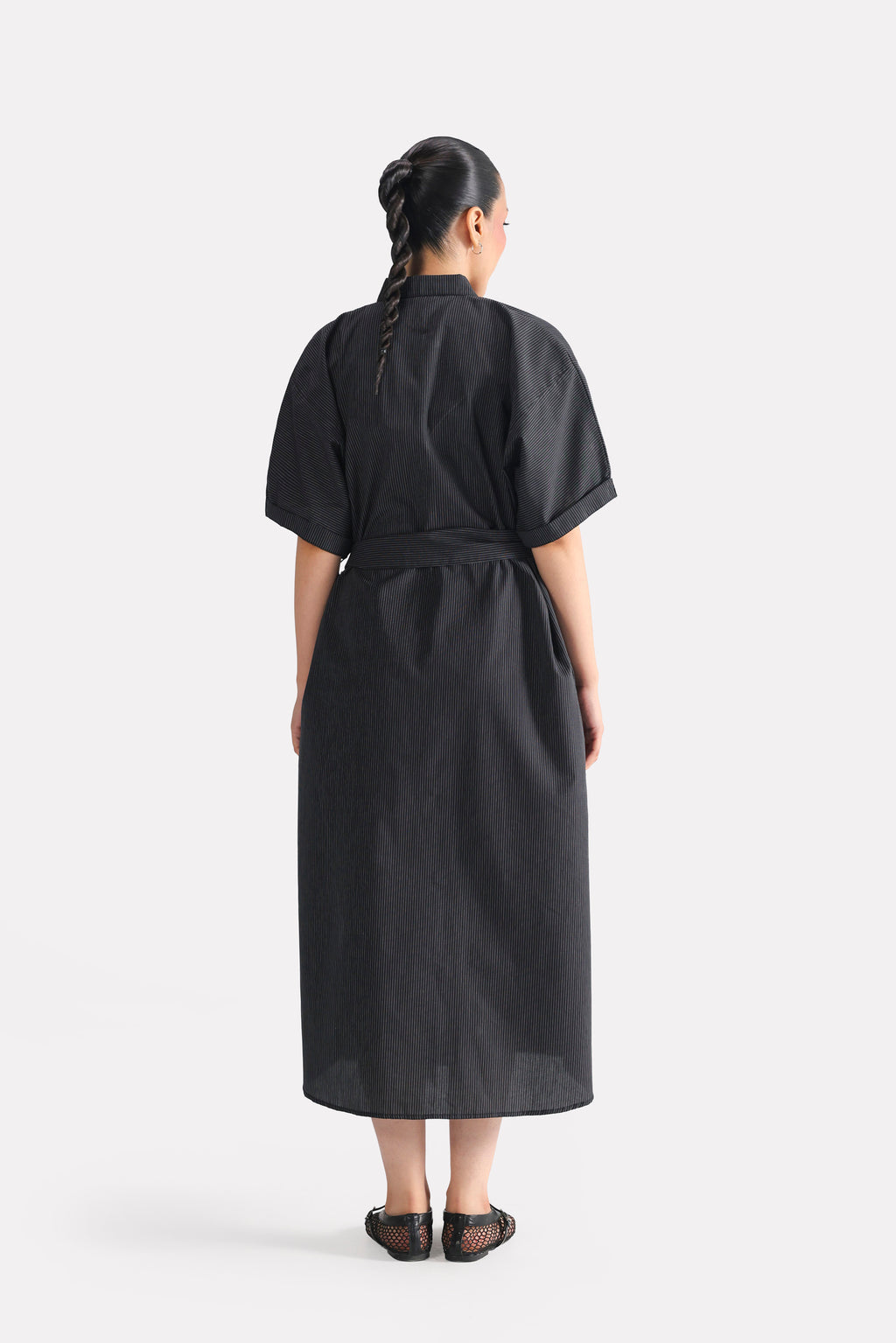 Black & white stripe striped cotton belted dress, alternate angle, by SOLA Pakistan.