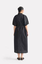 Black & white stripe striped cotton belted dress, alternate angle, by SOLA Pakistan.
