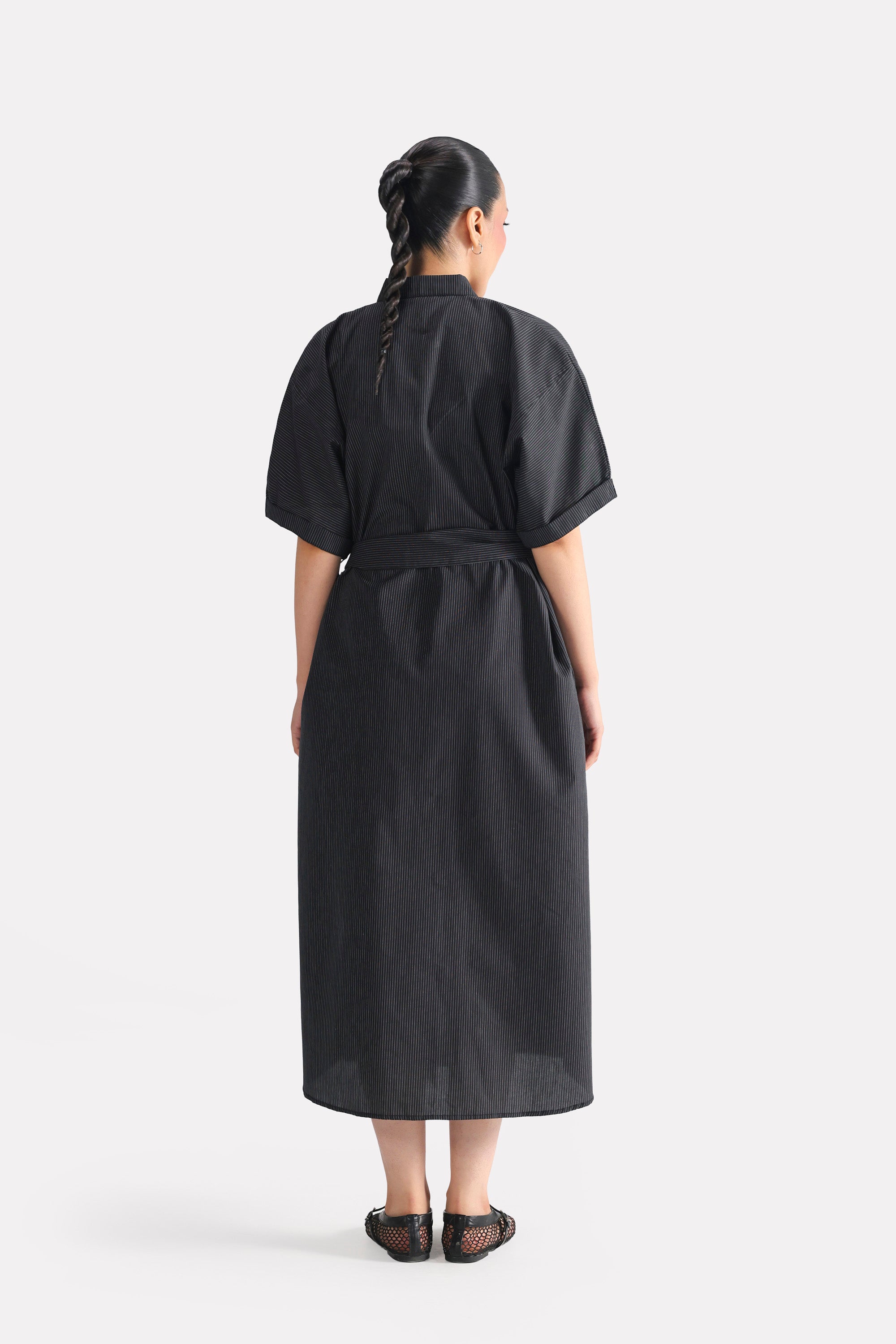 Black & white stripe striped cotton belted dress, alternate angle, by SOLA Pakistan.