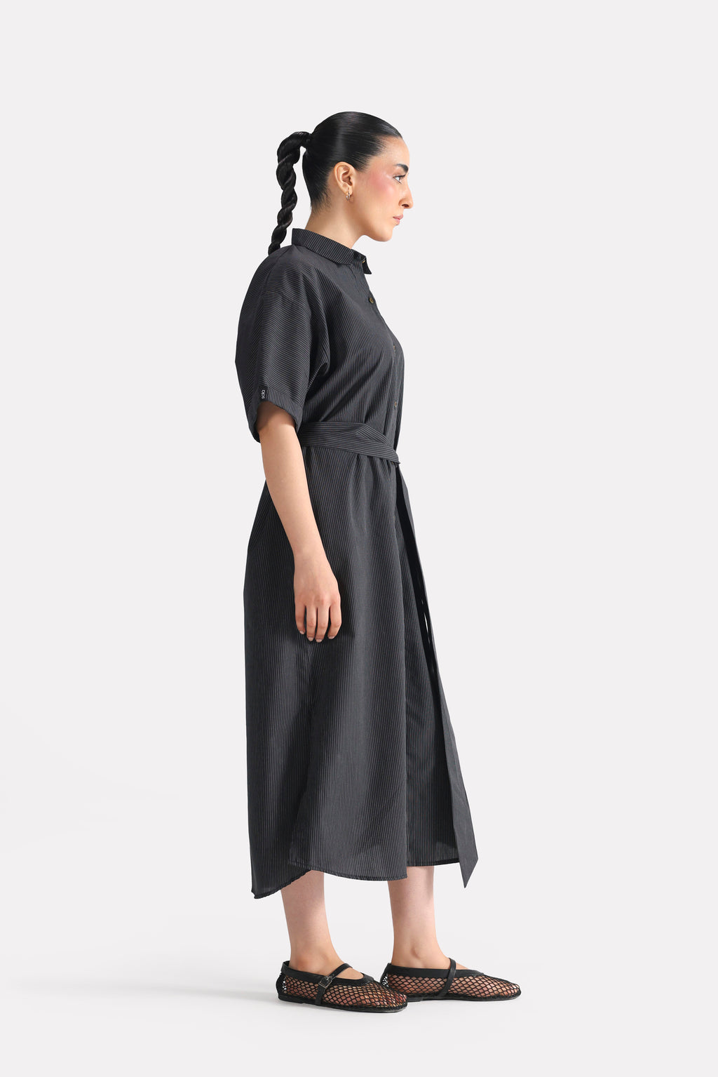 Black & white stripe striped cotton belted dress, full styled look, by SOLA Pakistan.