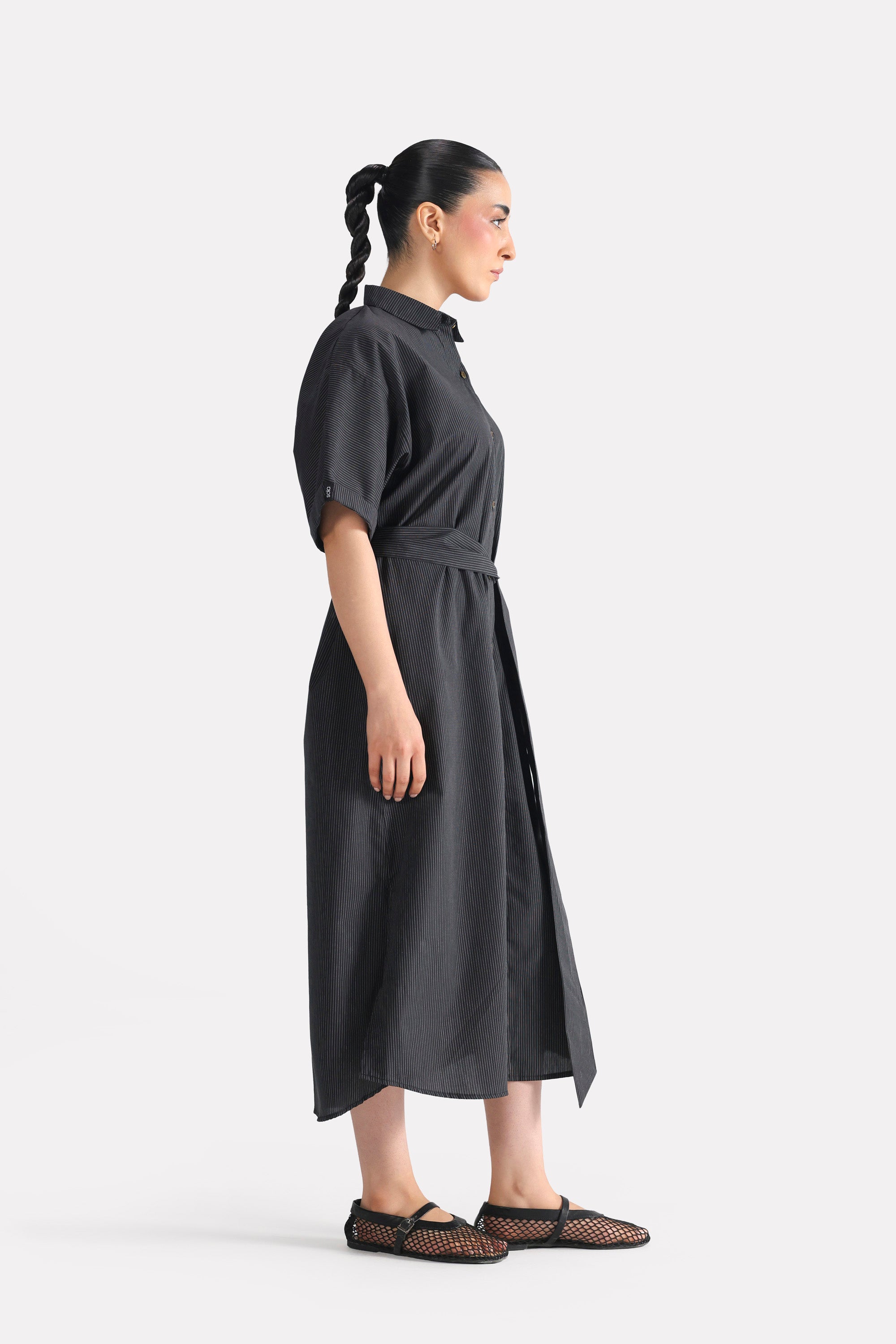 Black & white stripe striped cotton belted dress, full styled look, by SOLA Pakistan.