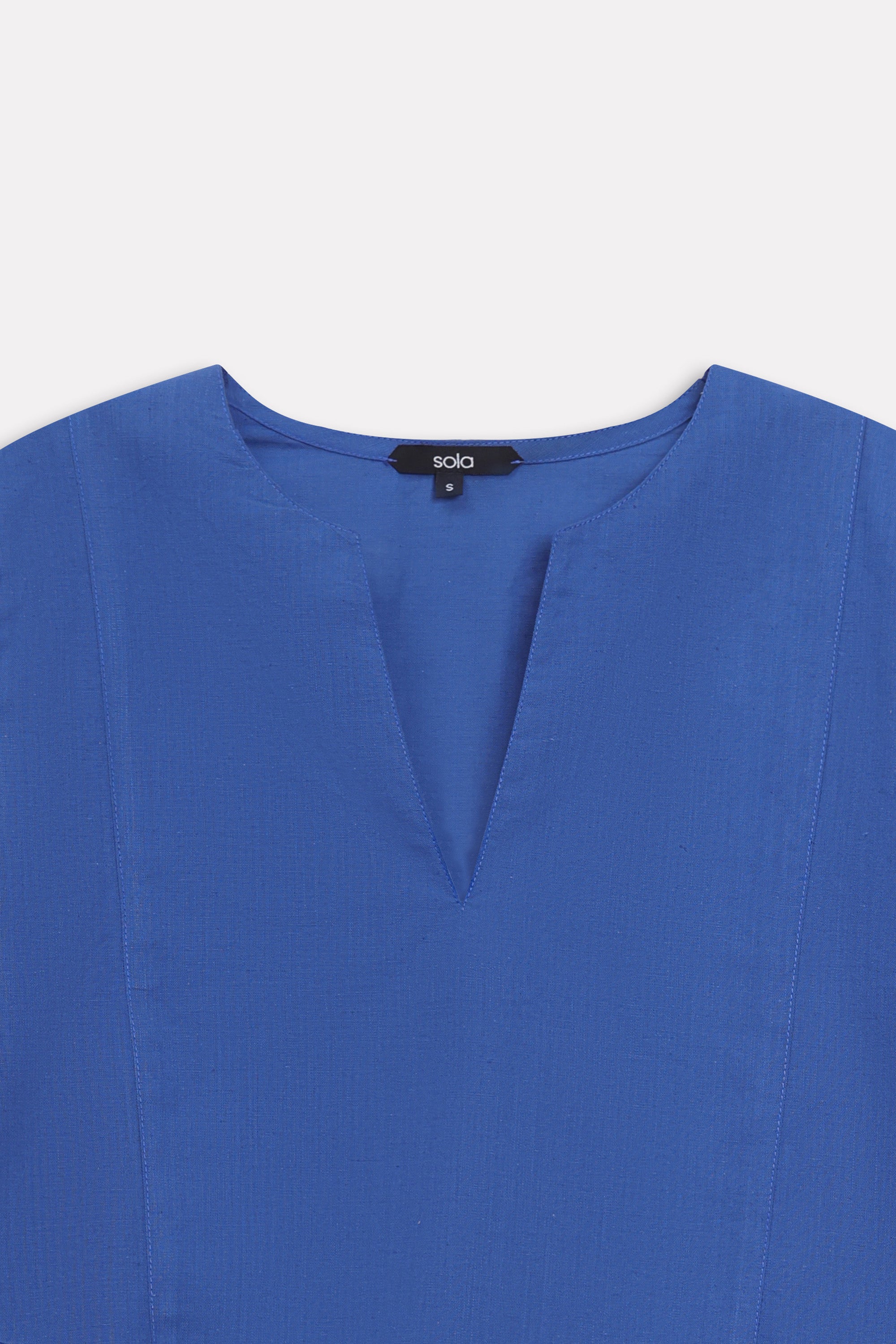 Additional view of the blue (french blue) balloon sleeve relaxed top, by SOLA Pakistan.