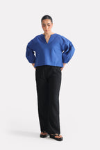 Blue (french blue) balloon sleeve relaxed top, full styled look, by SOLA Pakistan.