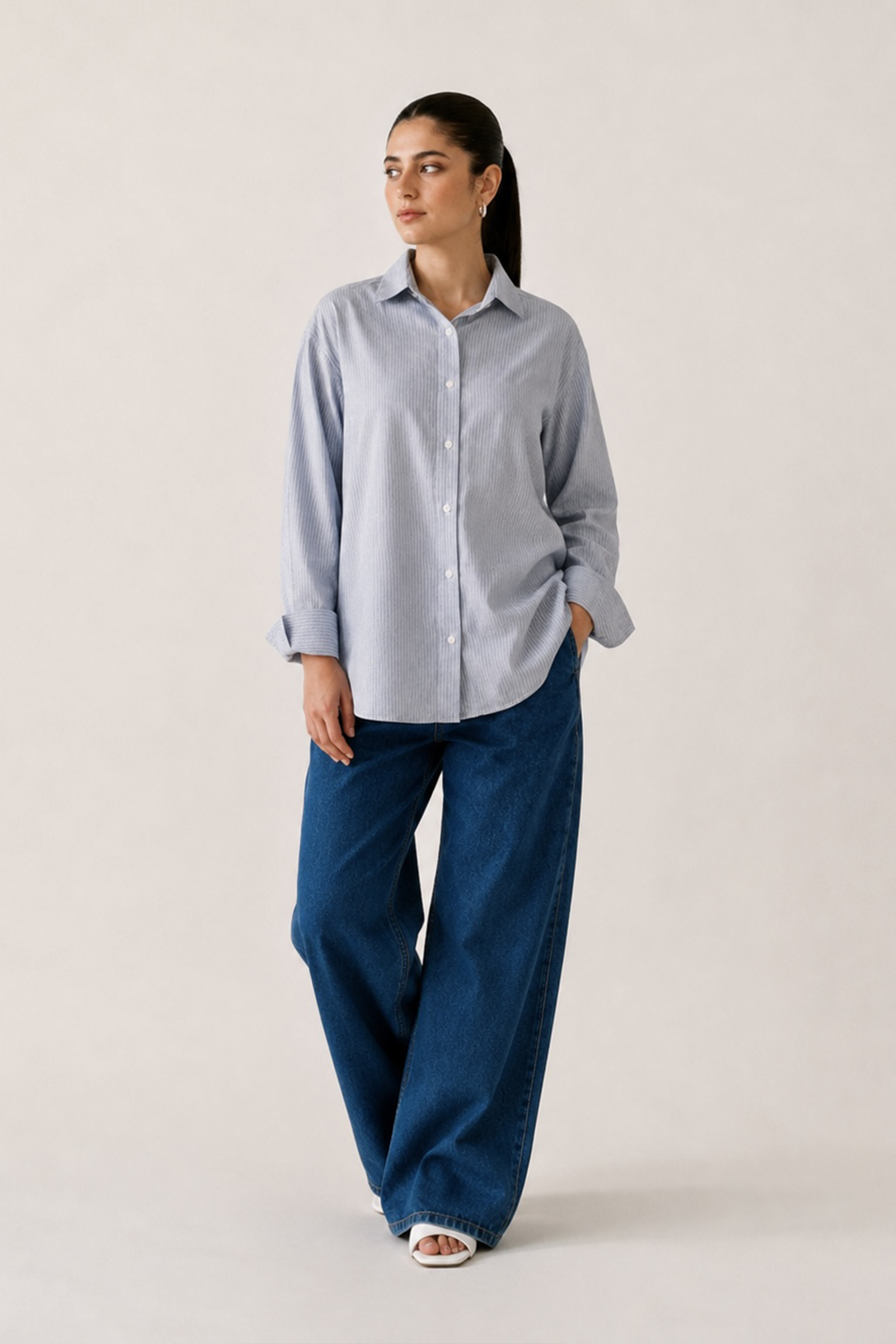 Blue stripe button-up stripe shirt, full styled look, by SOLA Pakistan.