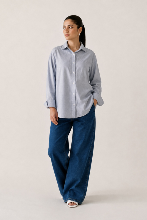 Blue stripe button-up stripe shirt, full styled look, by SOLA Pakistan.