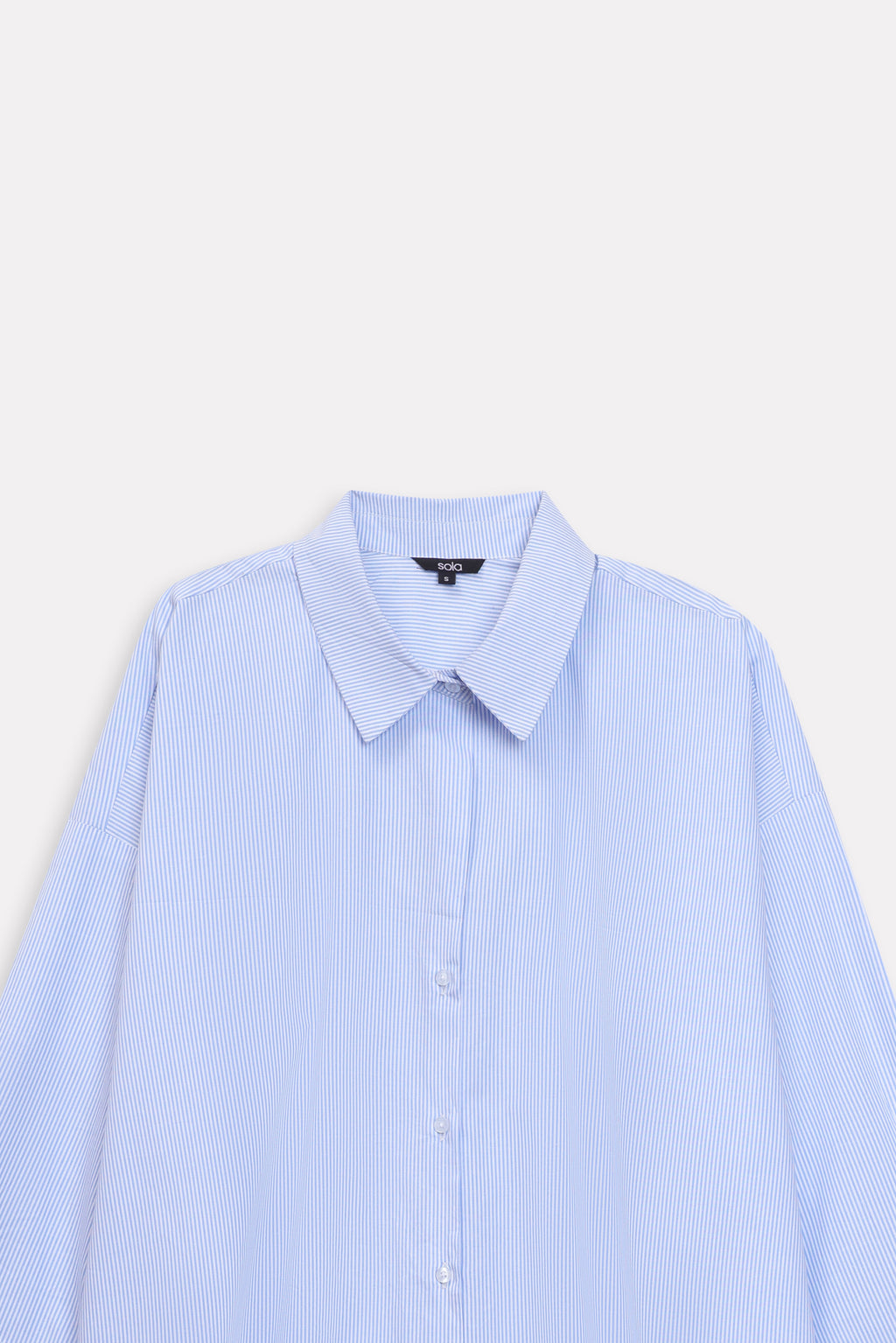 Additional view of the blue & white stripe oversized boyfriend shirt, by SOLA Pakistan.