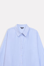 Additional view of the blue & white stripe oversized boyfriend shirt, by SOLA Pakistan.