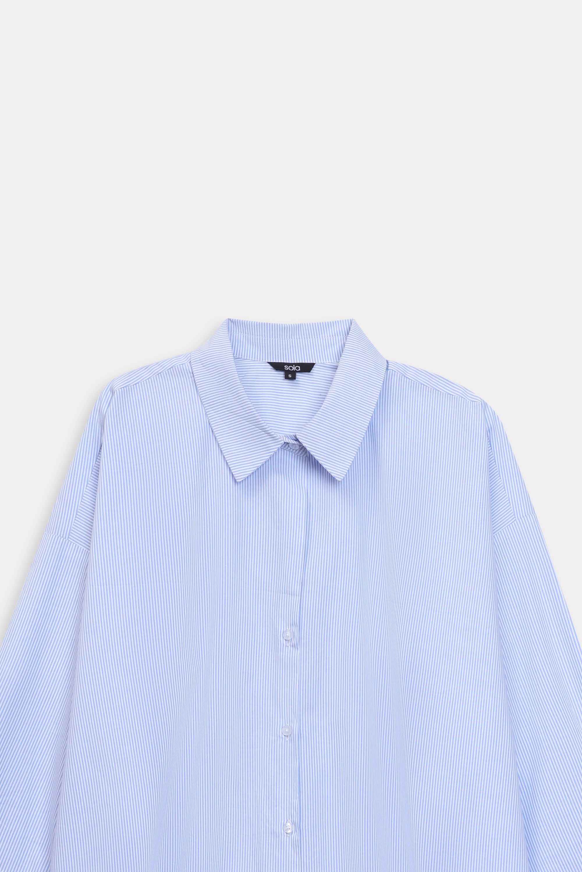 Additional view of the blue & white stripe oversized boyfriend shirt, by SOLA Pakistan.