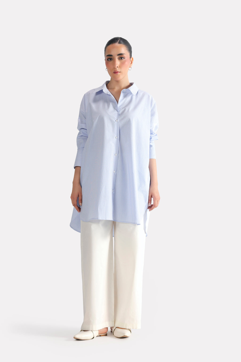 Blue & white stripe oversized boyfriend shirt, alternate angle, by SOLA Pakistan.