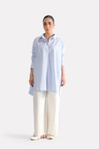 Blue & white stripe oversized boyfriend shirt, alternate angle, by SOLA Pakistan.