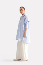 Blue & white stripe oversized boyfriend shirt, full styled look, by SOLA Pakistan.