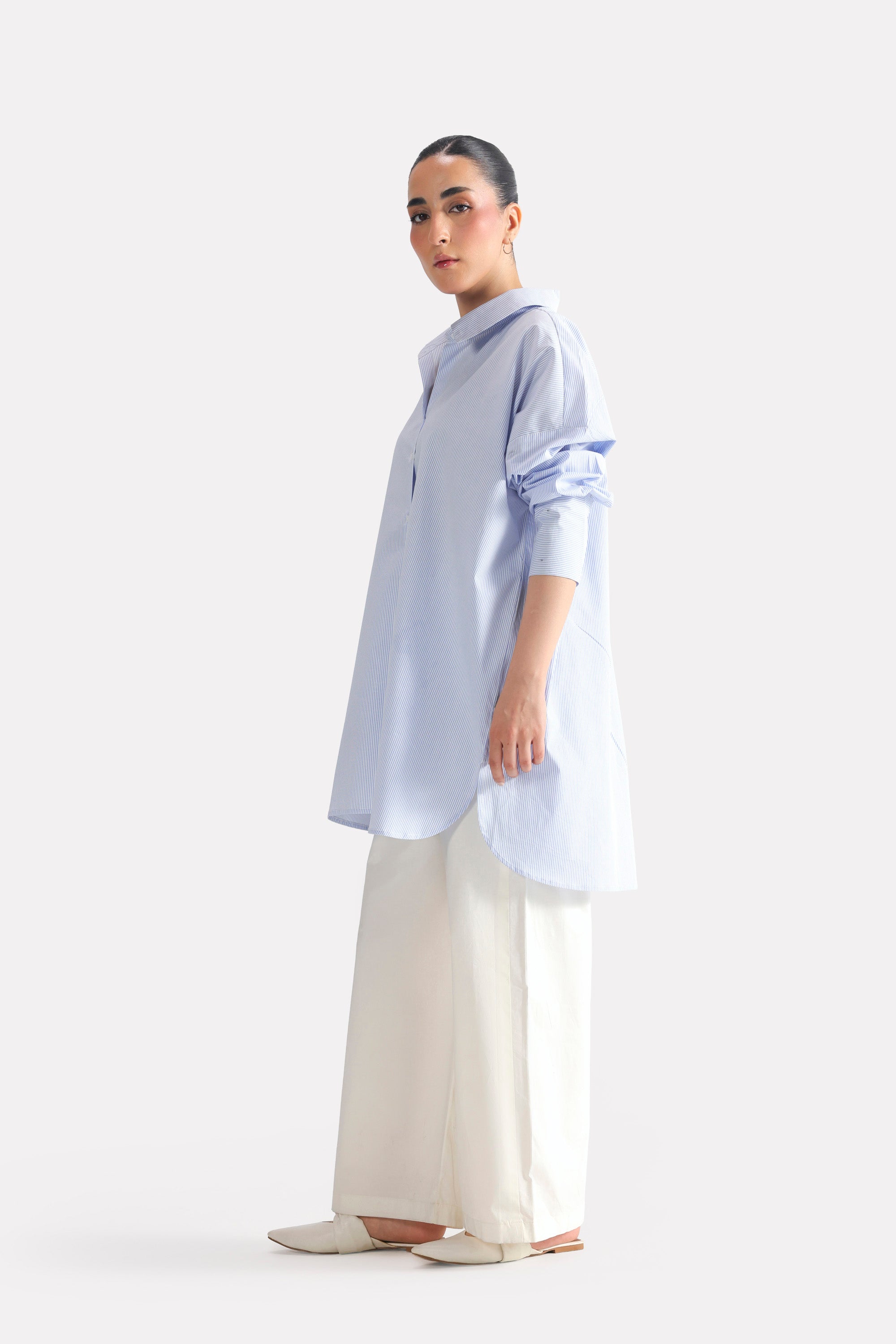 Blue & white stripe oversized boyfriend shirt, full styled look, by SOLA Pakistan.