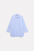 Blue & white stripe oversized boyfriend shirt shown in a styled fit, by SOLA Pakistan.