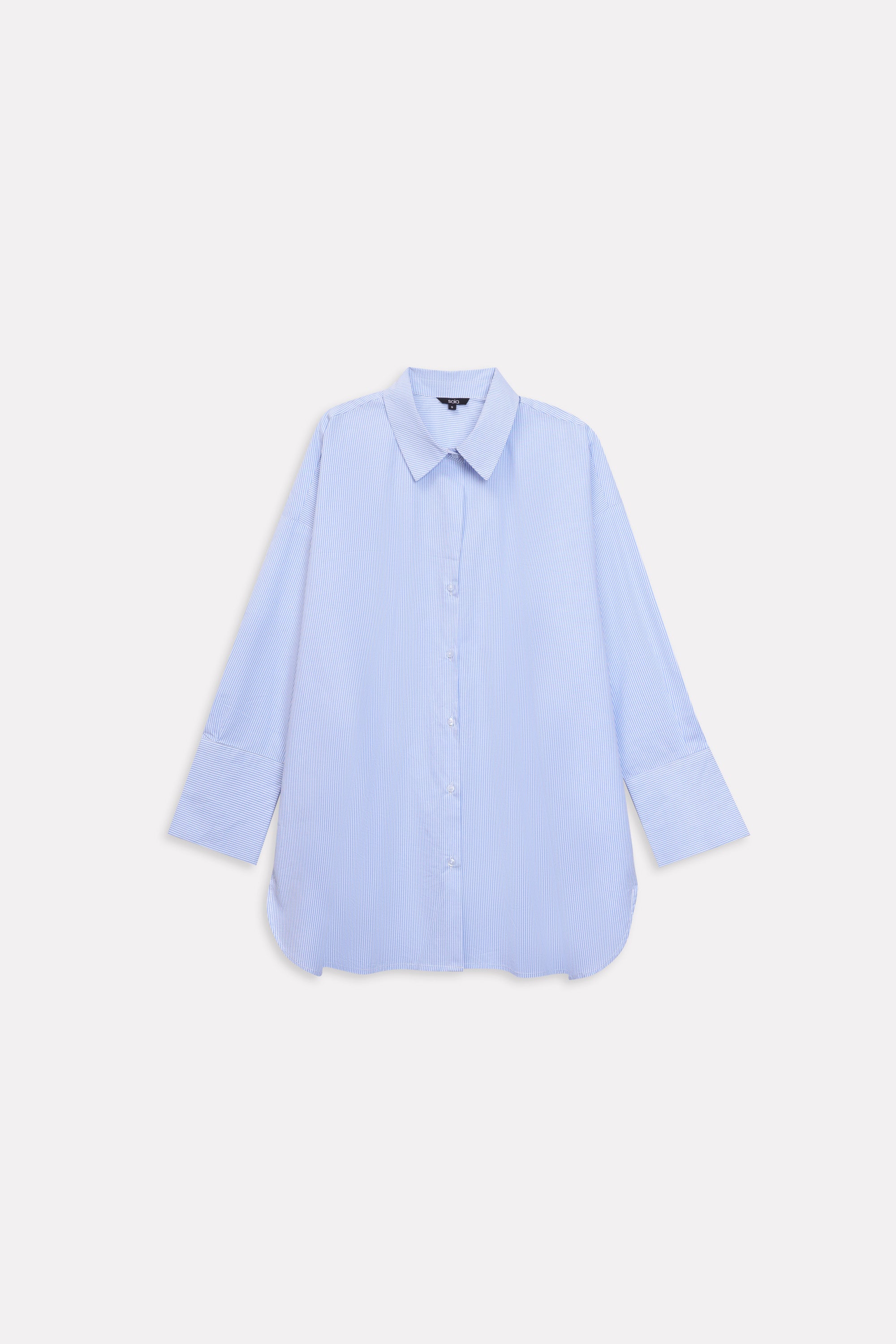 Blue & white stripe oversized boyfriend shirt shown in a styled fit, by SOLA Pakistan.