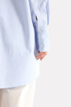 Texture and fabric detail, blue & white stripe oversized boyfriend shirt, by SOLA Pakistan.