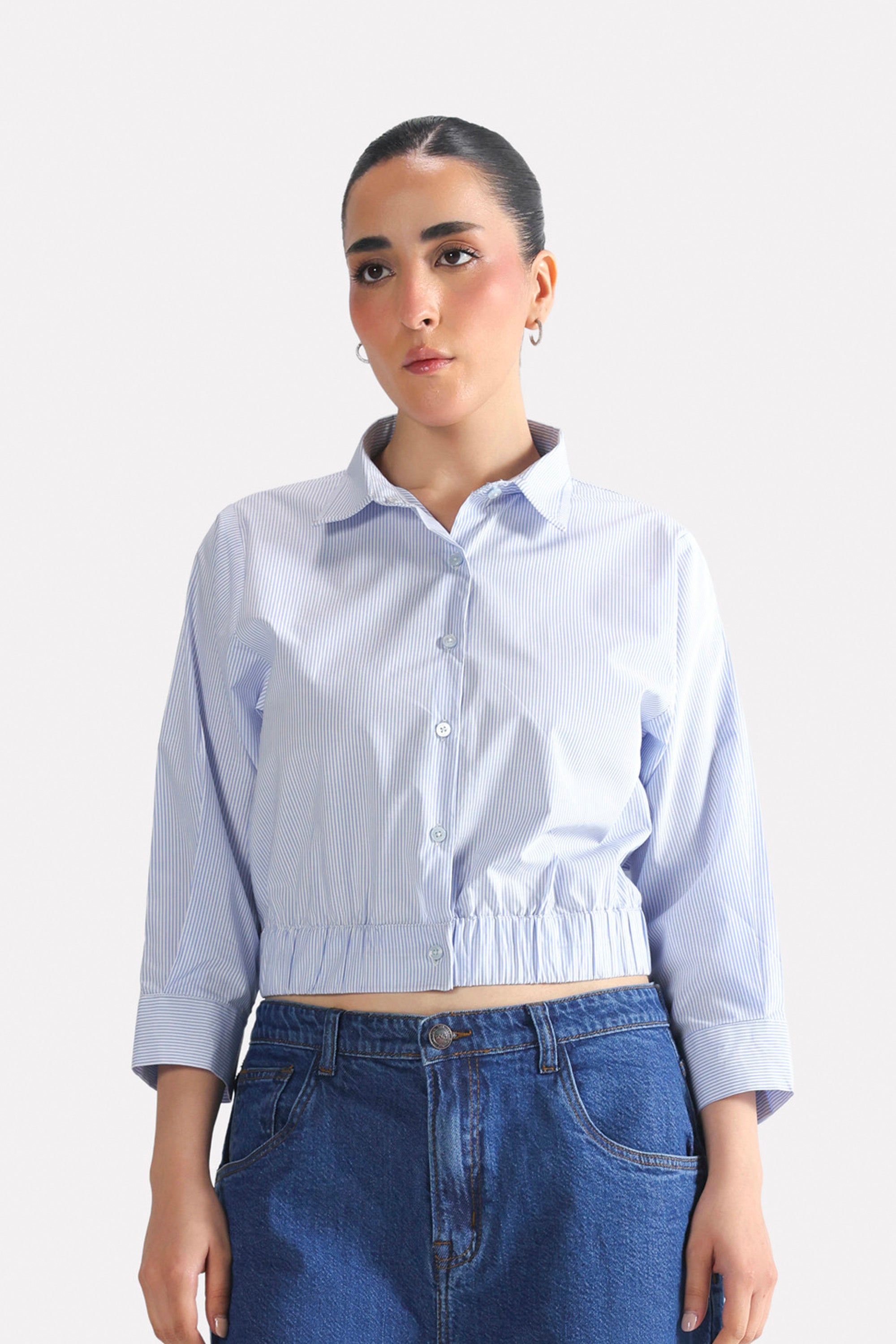 Close-up detail on the blue & white stripe sleek striped collar shirt, by SOLA Pakistan.