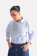 Blue & white stripe sleek striped collar shirt in cotton, worn by a model, by SOLA Pakistan.