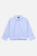 Blue & white stripe sleek striped collar shirt shown in a styled fit, by SOLA Pakistan.