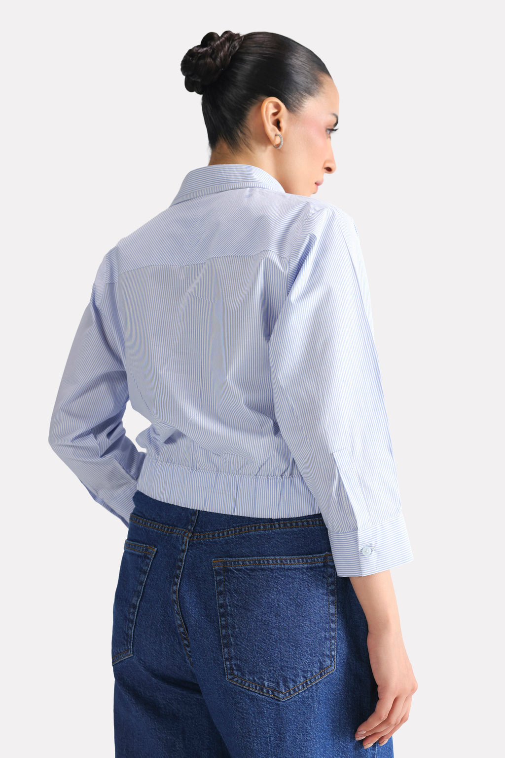 Texture and fabric detail, blue & white stripe sleek striped collar shirt, by SOLA Pakistan.