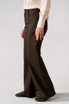 Close-up detail on the brown (turkish coffee) flared pant, by SOLA Pakistan.