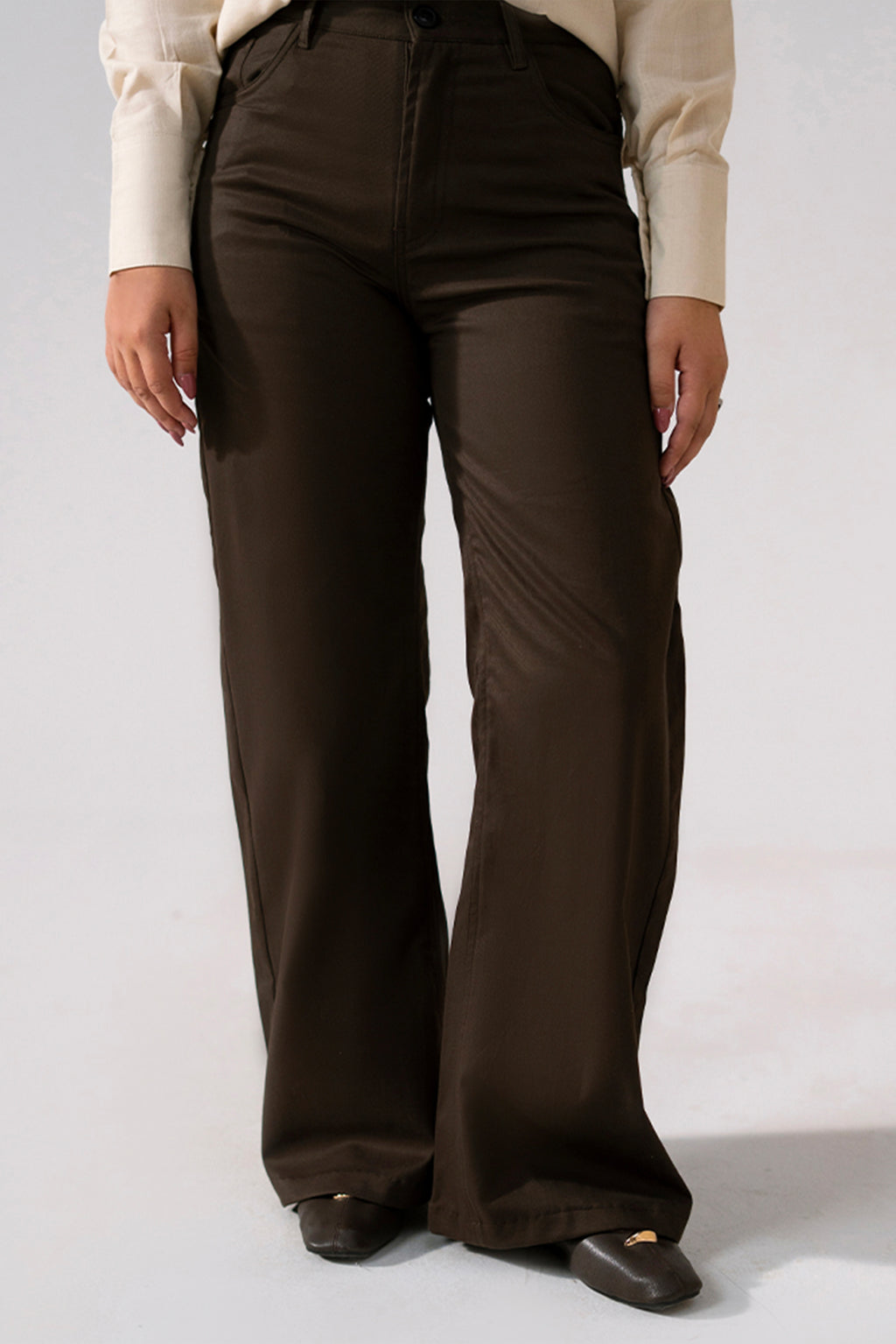 Brown (turkish coffee) flared pant, full styled look, by SOLA Pakistan.