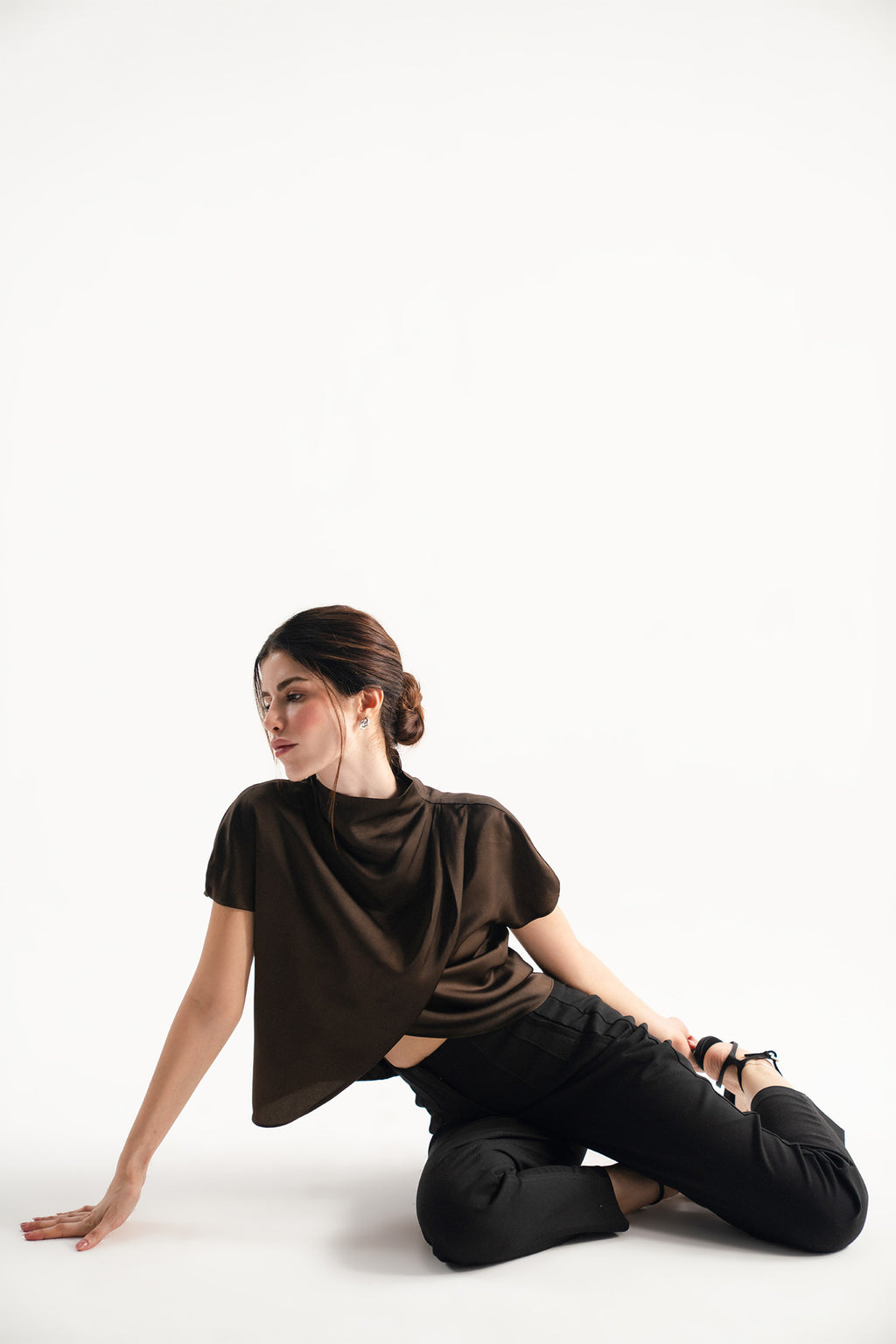Chocolate brown drapped high neck asymmetrical, alternate angle, by SOLA Pakistan.