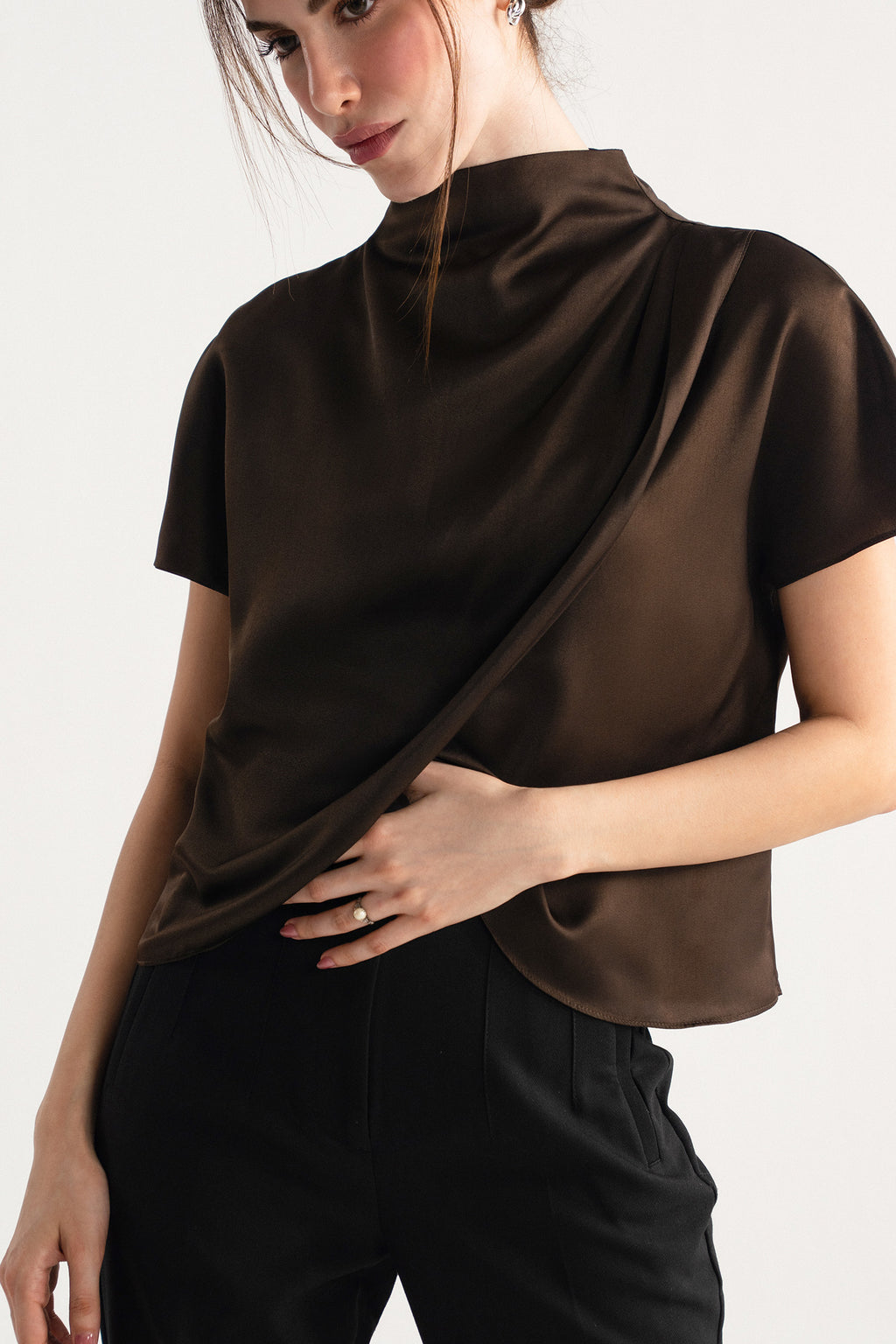 Chocolate brown drapped high neck asymmetrical, full styled look, by SOLA Pakistan.