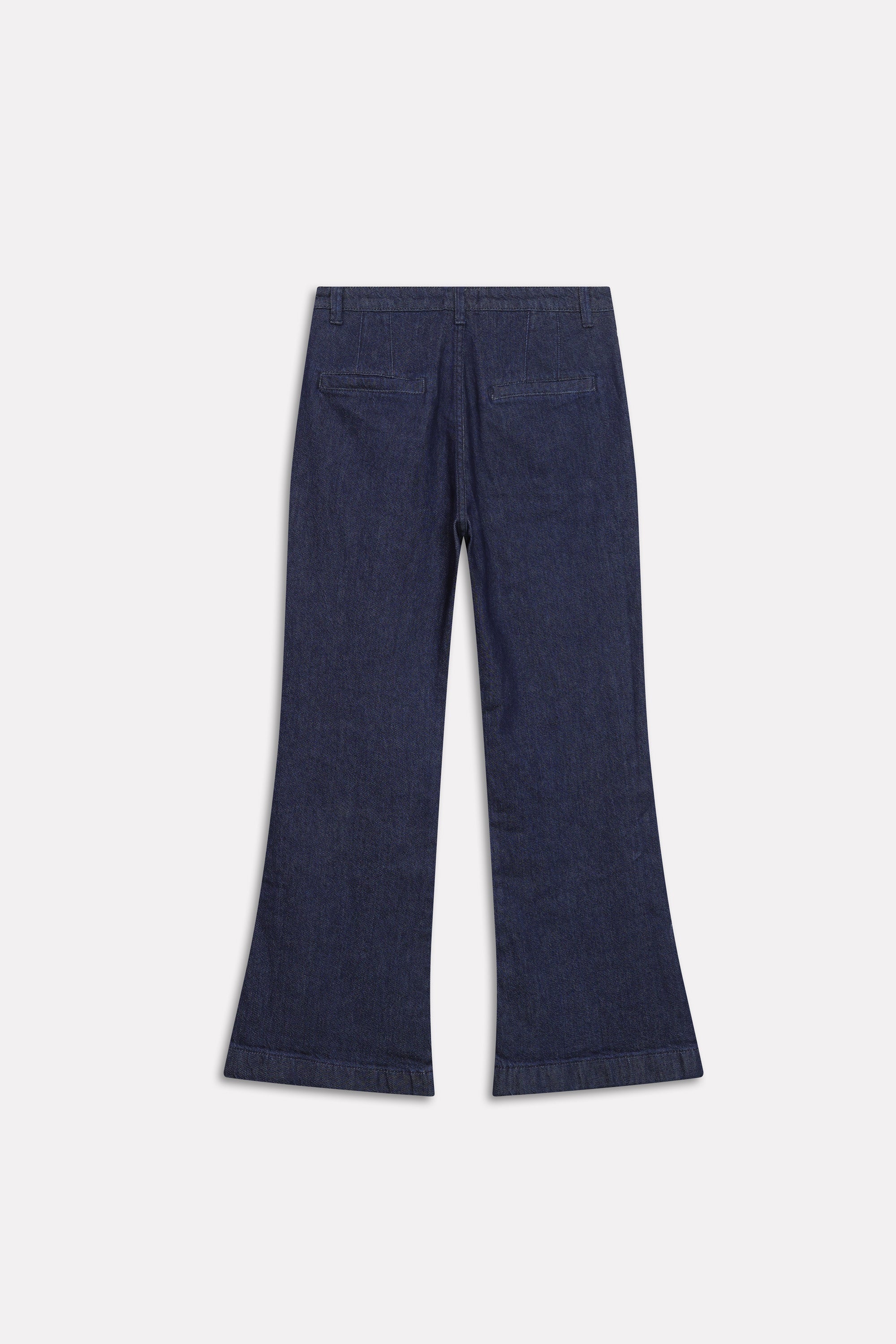 Flat lay of the dark blue bootcut denim jean, by SOLA Pakistan.