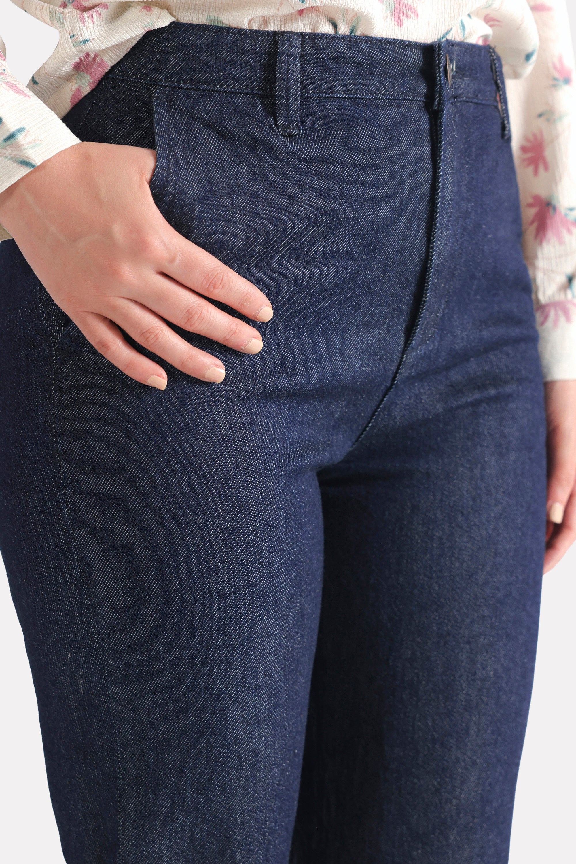 Dark blue bootcut denim jean, full styled look, by SOLA Pakistan.