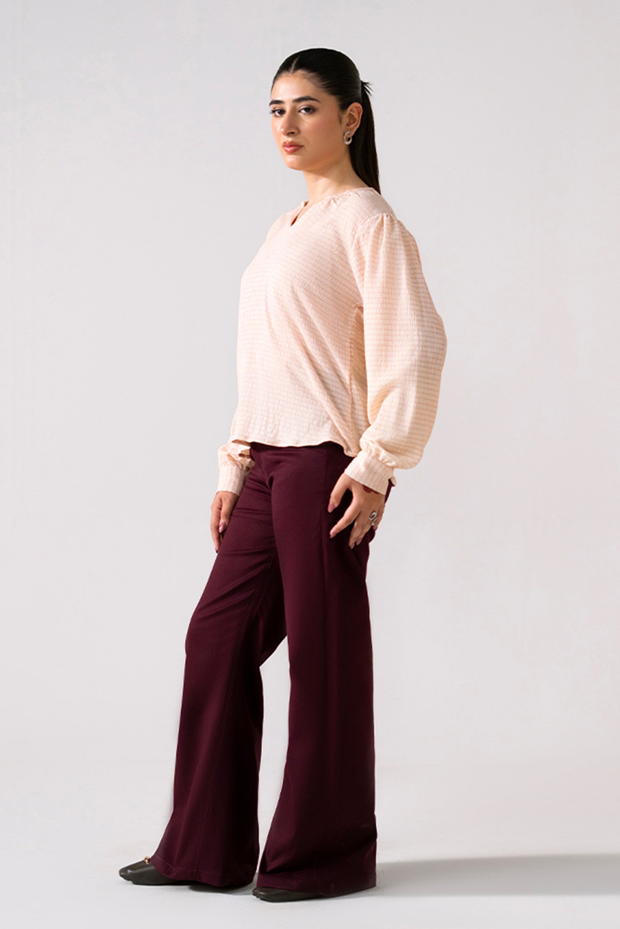 Dark purple (plum) flared pant, full styled look, by SOLA Pakistan.